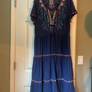 Johnny Was Navy Embroidered Maxi Dress